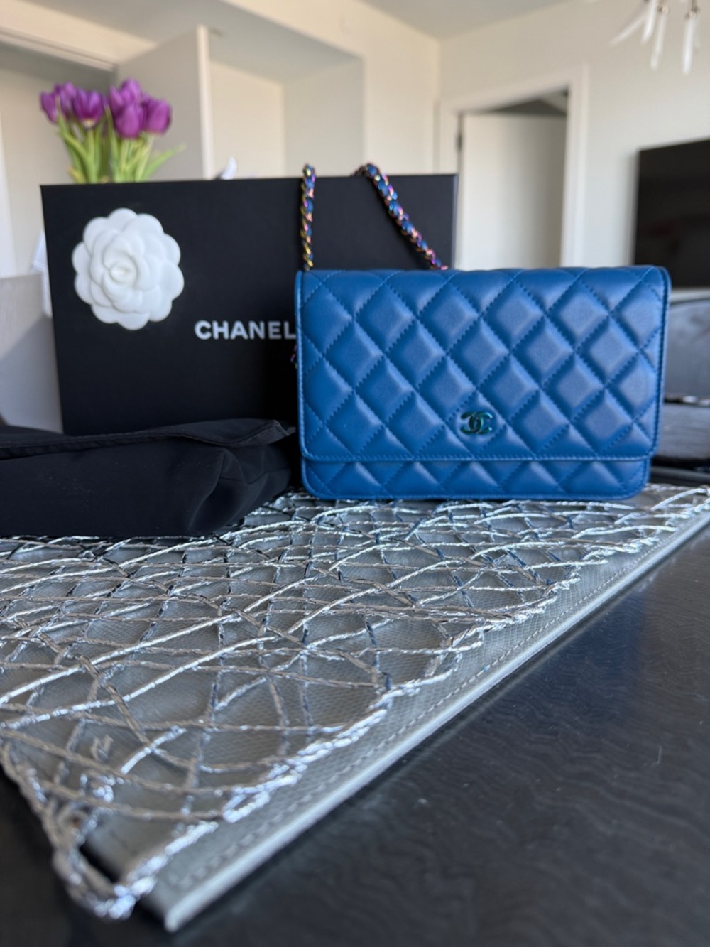 CHANEL Blue Quilted Crossbody with Chain Strap